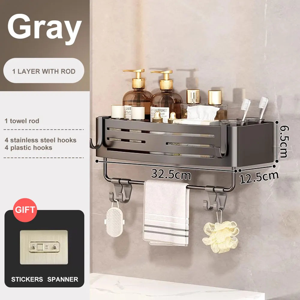 No-Drill Adhesive Shower Corner Shelf with Hooks