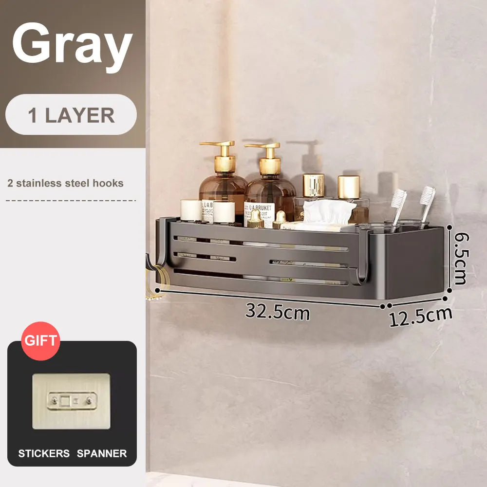 No-Drill Adhesive Shower Corner Shelf with Hooks