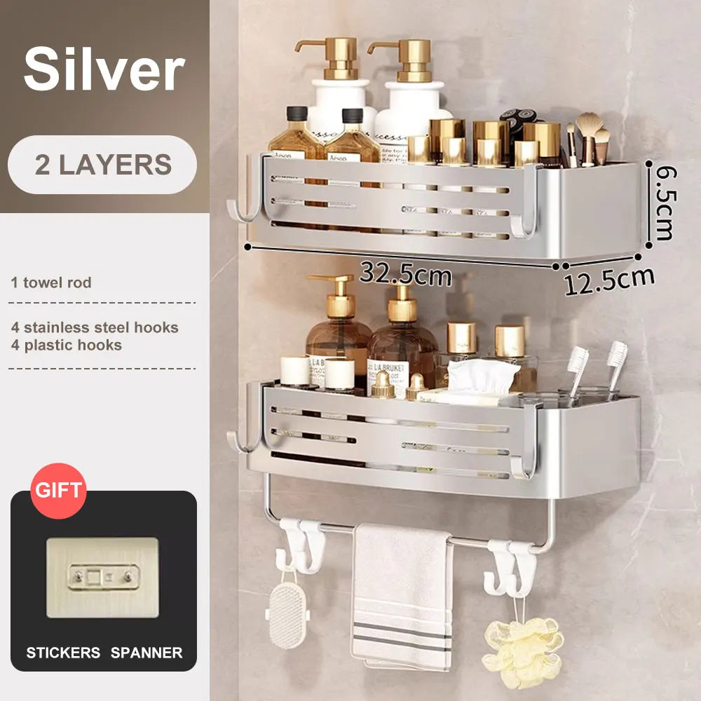 No-Drill Adhesive Shower Corner Shelf with Hooks
