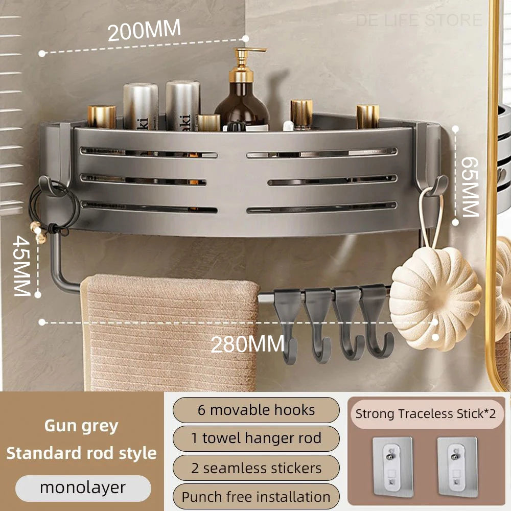 No-Drill Adhesive Shower Corner Shelf with Hooks