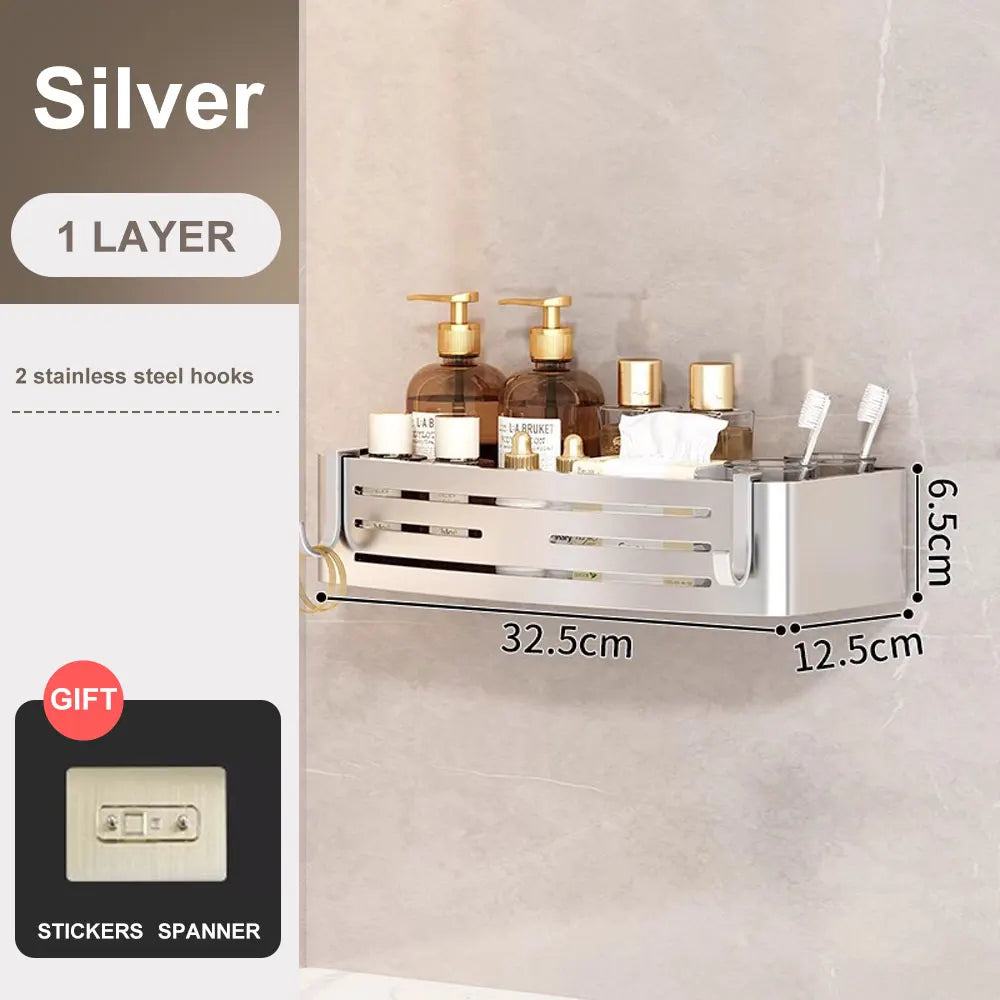 No-Drill Adhesive Shower Corner Shelf with Hooks