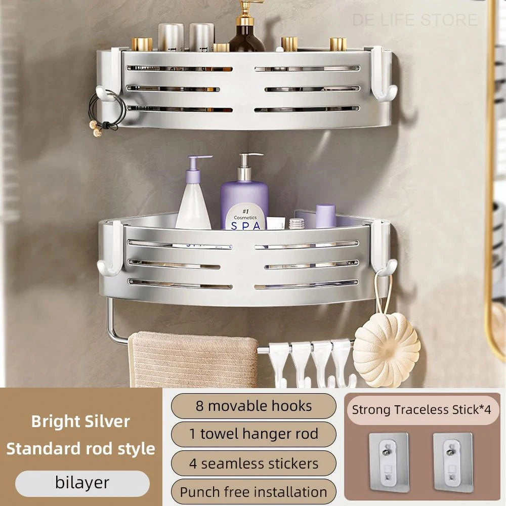 No-Drill Adhesive Shower Corner Shelf with Hooks
