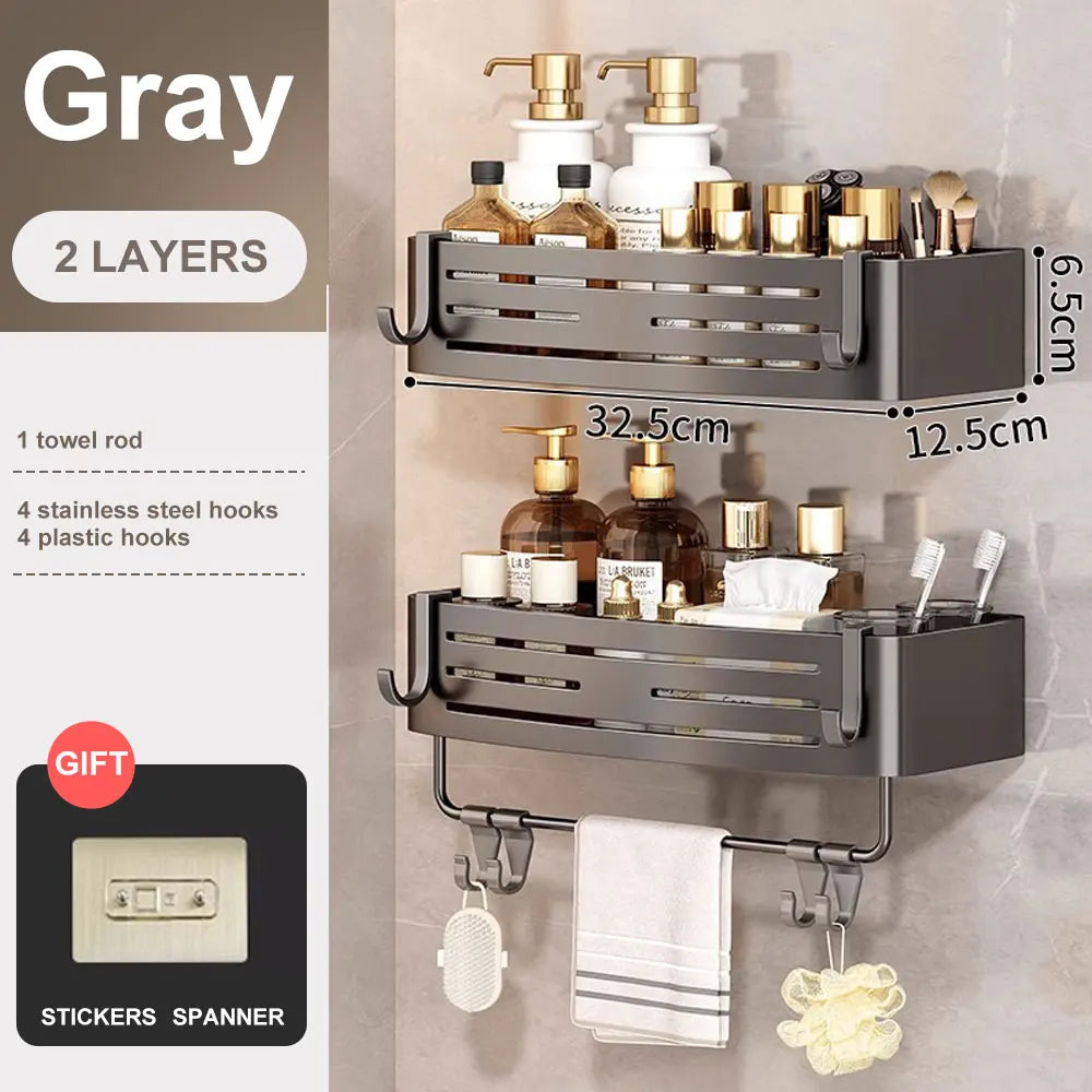 No-Drill Adhesive Shower Corner Shelf with Hooks
