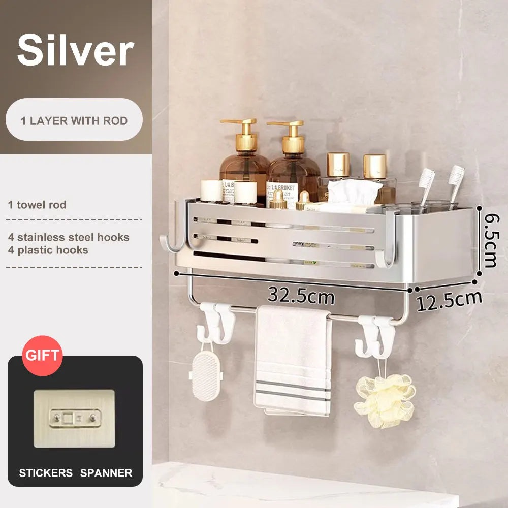 No-Drill Adhesive Shower Corner Shelf with Hooks