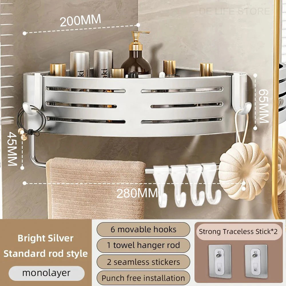 No-Drill Adhesive Shower Corner Shelf with Hooks
