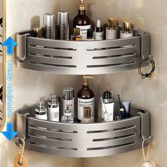 No-Drill Adhesive Shower Corner Shelf with Hooks