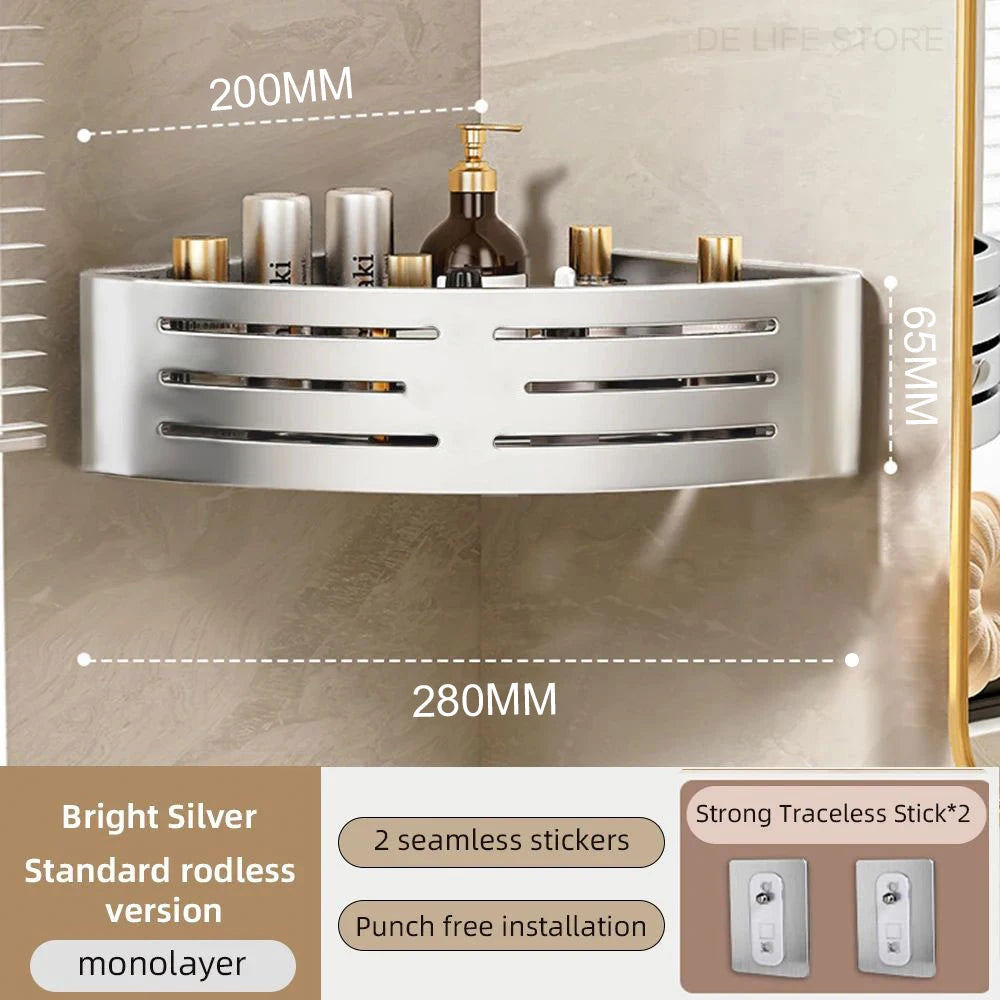 No-Drill Adhesive Shower Corner Shelf with Hooks