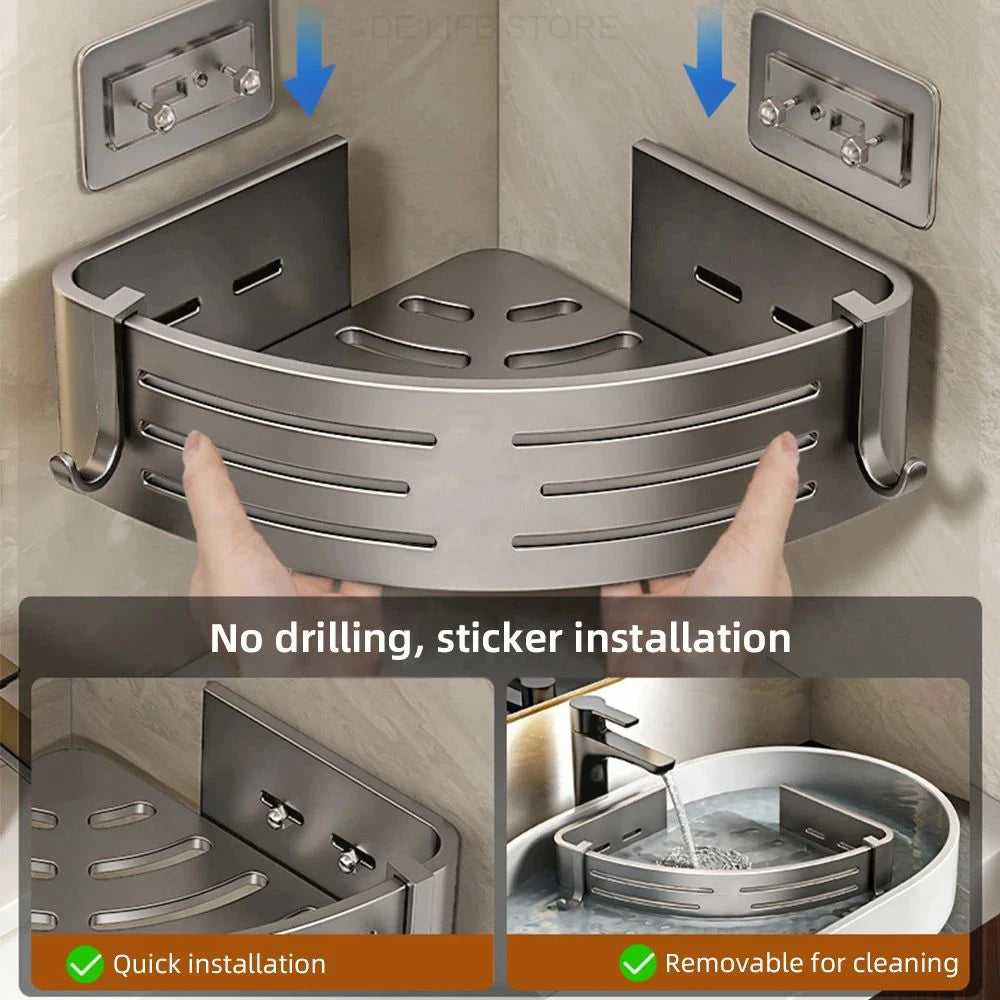 No-Drill Adhesive Shower Corner Shelf with Hooks
