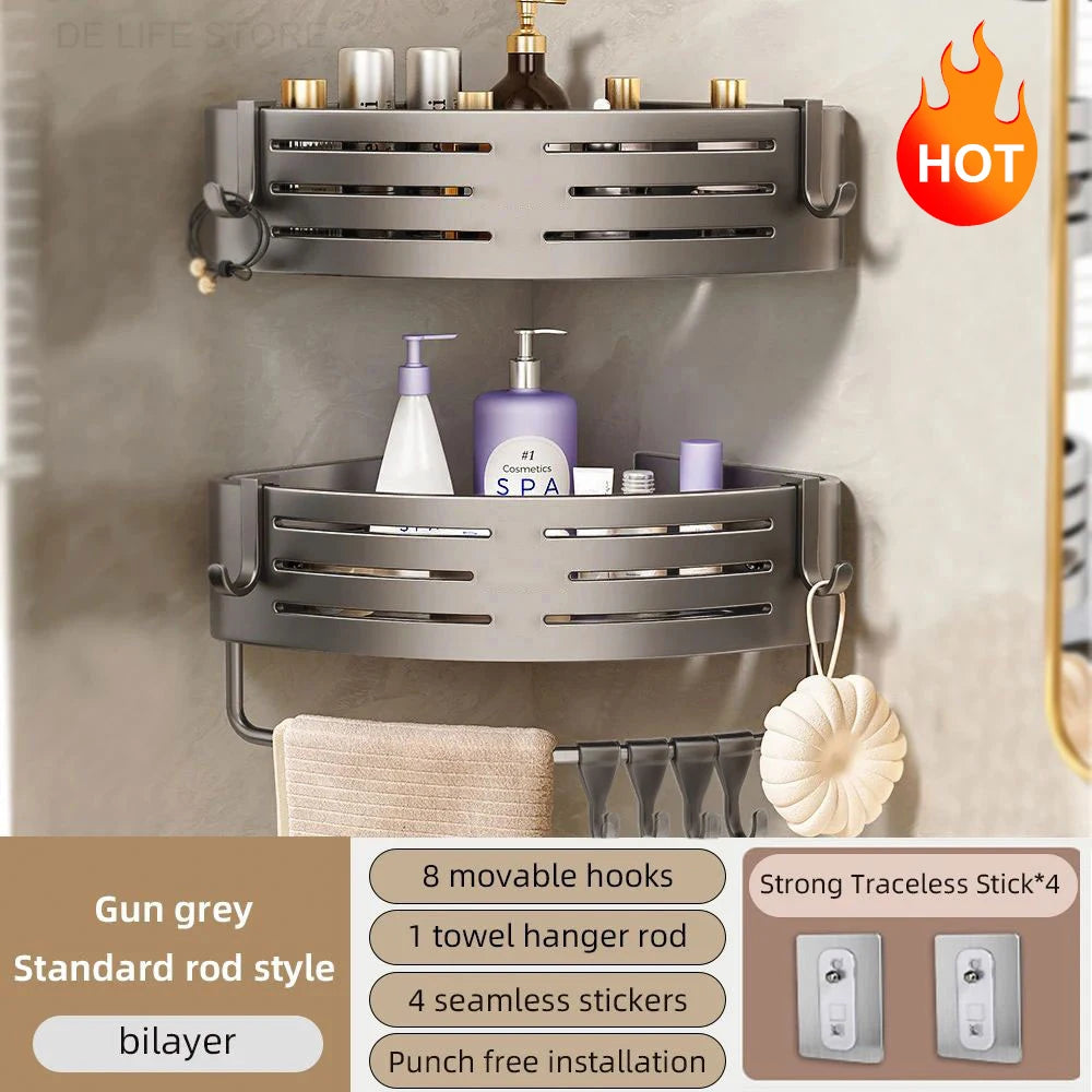 No-Drill Adhesive Shower Corner Shelf with Hooks