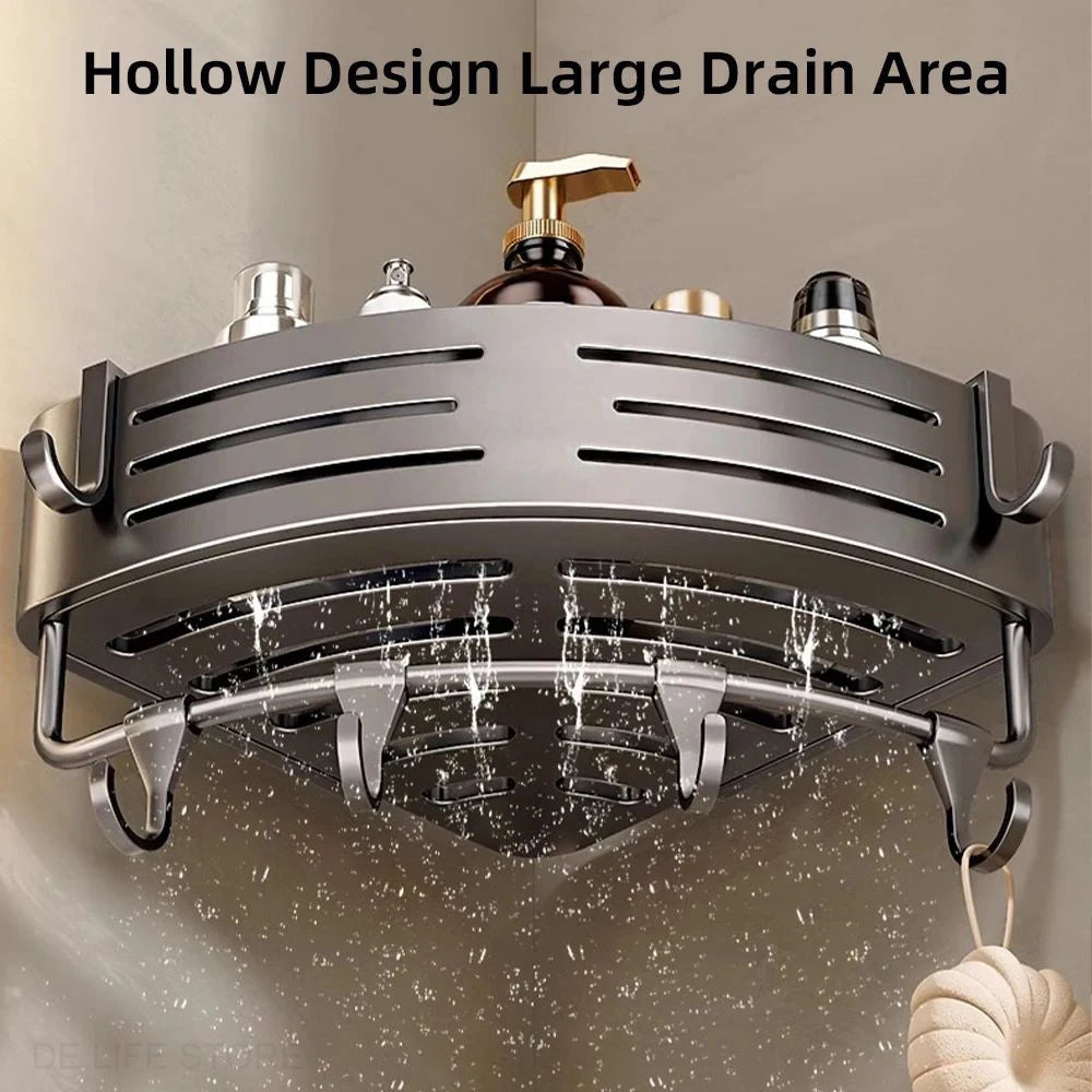 No-Drill Adhesive Shower Corner Shelf with Hooks